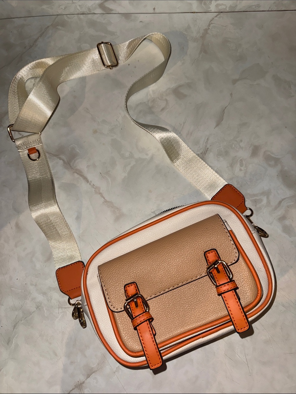 Women’s Cream & Tan Crossbody Bag with Orange Trim